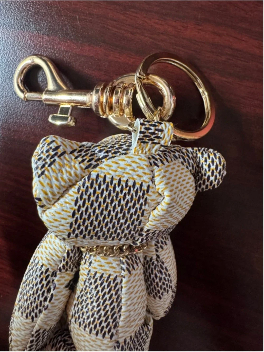 Handmade Designer Canvas Teddy Bear Keychain Charm Gold Tone